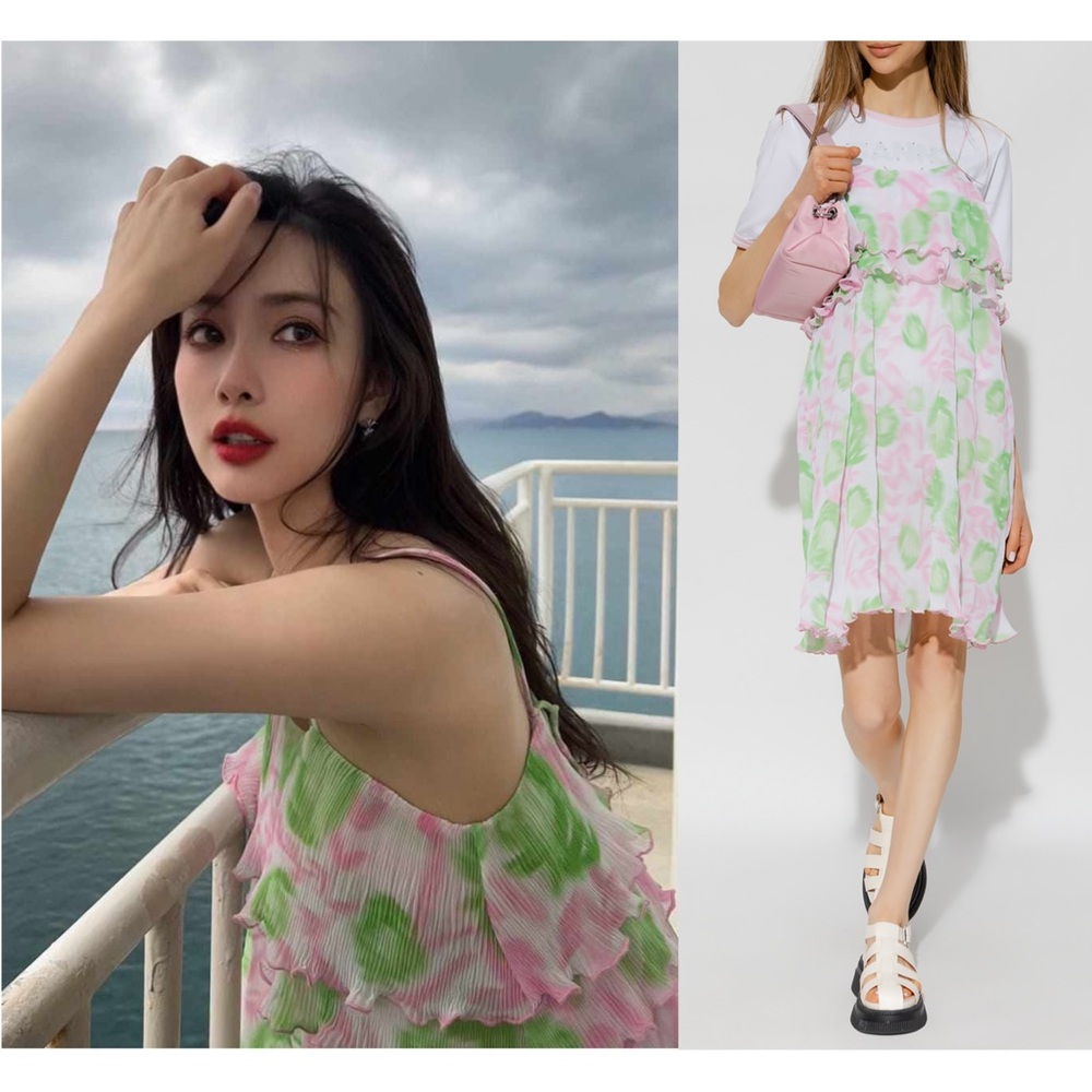 GANNI‎ Pleated Floral Y2K Lettuce Edge Soft Girl Fairycore Coquette Slip Dress M